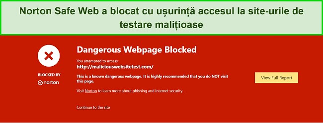 Revizuirea Norton arată caracteristica de securitate &icirc;n care Safe Web blochează accesul la site-urile de testare a malware.
