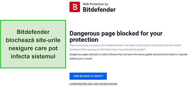 Revizuirea Bitdefender care prezintă funcția de protecție web care blochează &icirc;n mod activ accesul la un site web potențial dăunător.