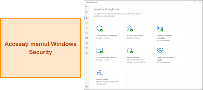 Captură de ecran a meniului principal Windows Security