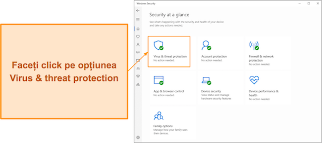 Captură de ecran care arată cum să deschideți meniul de protecție &icirc;mpotriva virușilor și amenințărilor din Microsoft Defender