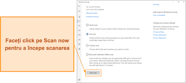 Captură de ecran care arată cum să &icirc;ncepeți o scanare cu Microsoft Defender