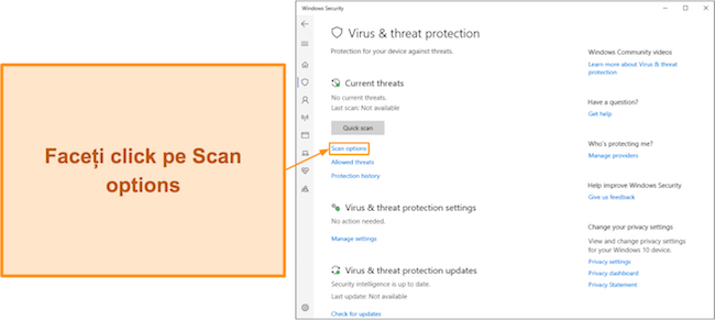Captură de ecran care arată cum să accesați opțiunile de scanare ale Microsoft Defender