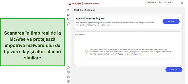 Revizuire antivirus McAfee care afișează meniul de scanare &icirc;n timp real &icirc;n limba engleză.