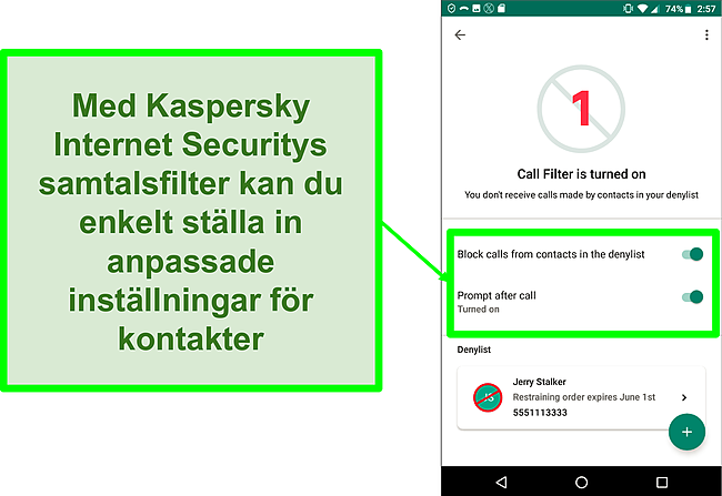 Skärmdump av Kaspersky Internet Securitys samtalsfilterfunktion på en Android-mobilenhet