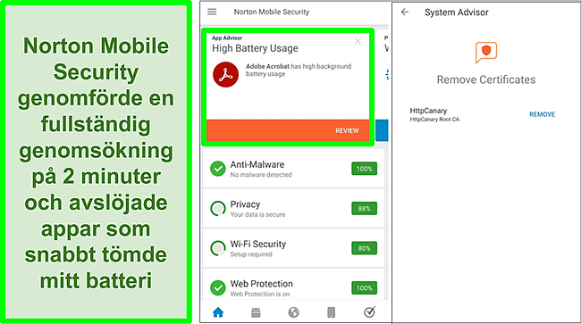 Skärmdump av en skanning på Android med Norton Mobile Security