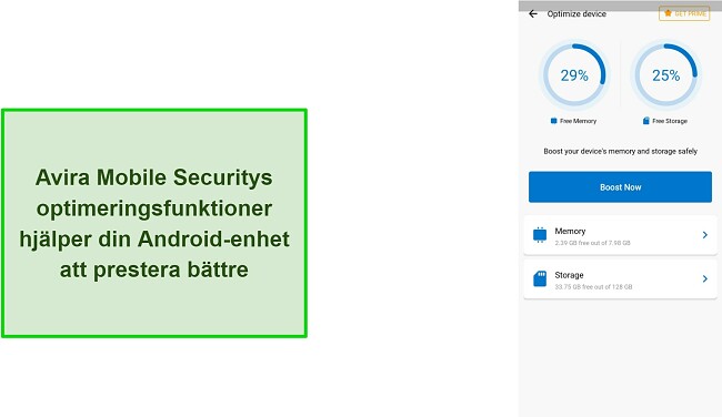 Skärmdump av Avira Mobile Security med optimeringsfunktioner