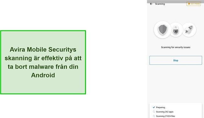 Skärmdump av Avira Mobile Security med virusgenomsökning