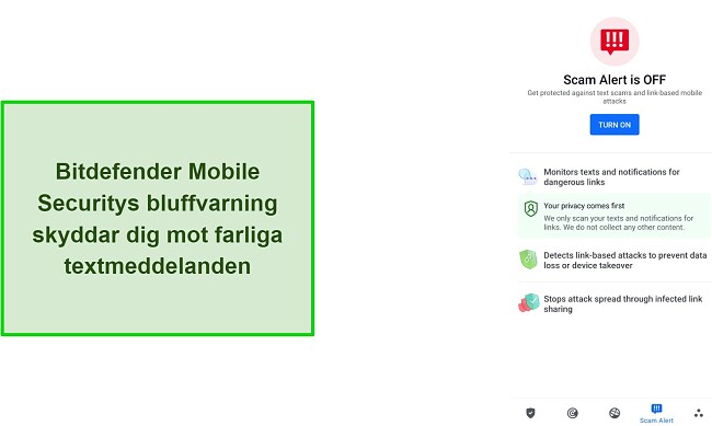 Skärmdump av Bitdefender Mobile Security med bedrägeri-varningsfunktion