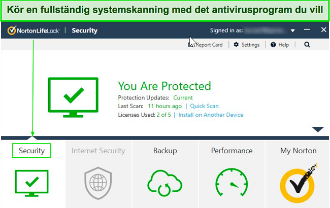 Sk&auml;rmdump av Nortons huvudinstrumentpanel