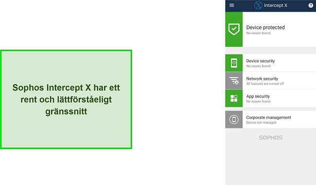 Skärmdump av Sophos Intercept X med intuitivt gränssnitt