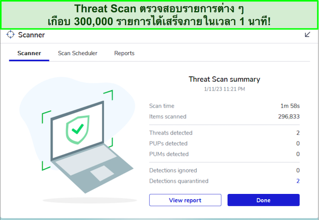 การตรวจสอบ Malwarebytes เน้นอินเทอร์เฟซคุณลักษณะการสแกนภัยคุกคาม