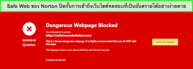 การตรวจสอบของ Norton แสดงฟีเจอร์ความปลอดภัยที่ Safe Web บล็อกการเข้าถึงไซต์ทดสอบมัลแวร์