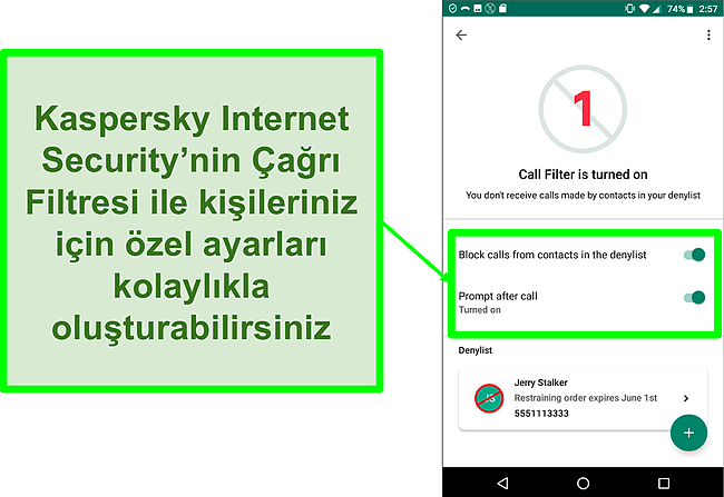 Bir Android mobil cihazda Kaspersky Internet Security'nin Çağrı Filtresi işlevinin ekran görüntüsü