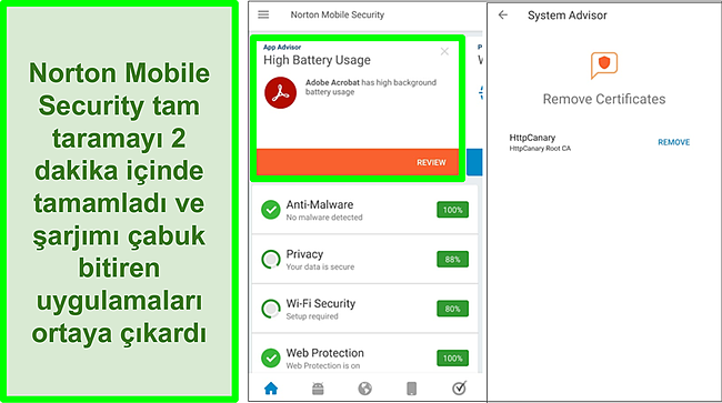 Norton Mobile Security kullanılarak Android'de yapılan bir taramanın ekran görüntüsü