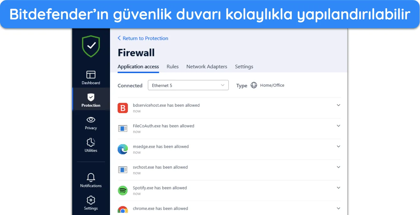 Bitdefender'ın g&uuml;venlik duvarı ayarlarını isteğinize g&ouml;re &ouml;zelleştirebilirsiniz.