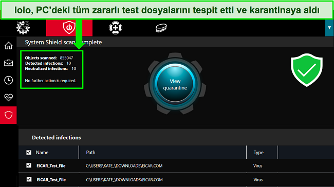iolo'nun Windows uygulamasının, algılanan birka&ccedil; k&ouml;t&uuml; ama&ccedil;lı yazılım testi dosyasıyla tamamlanmış bir Sistem Kalkanı taramasını g&ouml;steren ekran g&ouml;r&uuml;nt&uuml;s&uuml;.