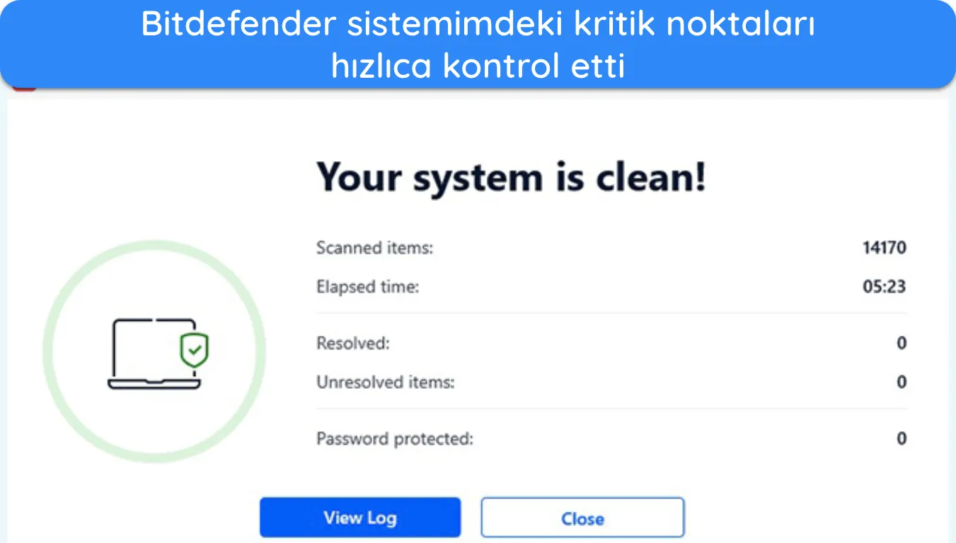 Bitdefender'ın Hızlı Taramasının sonu&ccedil;larını g&ouml;steren ekran g&ouml;r&uuml;nt&uuml;s&uuml;.