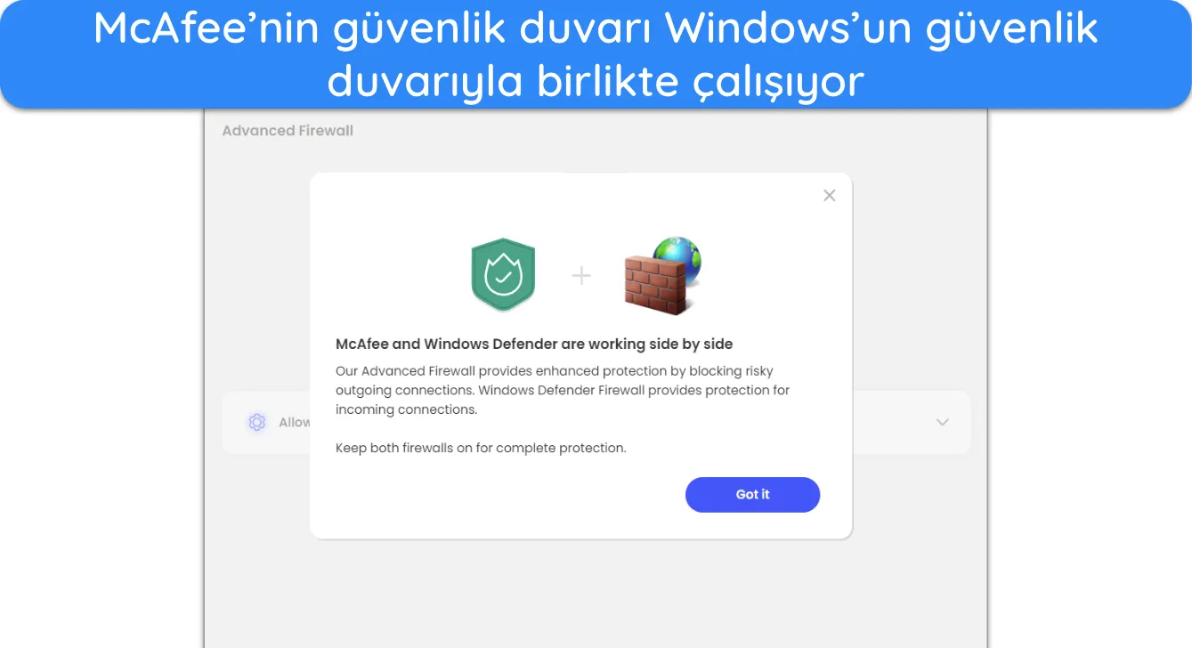 McAfee'nin g&uuml;venlik duvarının Windows'un g&uuml;venlik duvarıyla &ccedil;alışmasını g&ouml;steren ekran g&ouml;r&uuml;nt&uuml;s&uuml;.