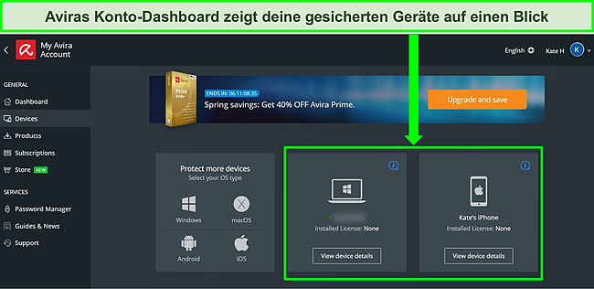 Screenshot des Konto-Dashboards von Avira mit Ger&auml;ten, auf denen der kostenlose Plan installiert ist.