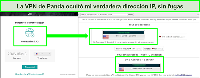 Captura de pantalla de la VPN de Panda conectada a un servidor de EE. UU. Con los resultados de una prueba de fugas de IP que no muestran fugas.