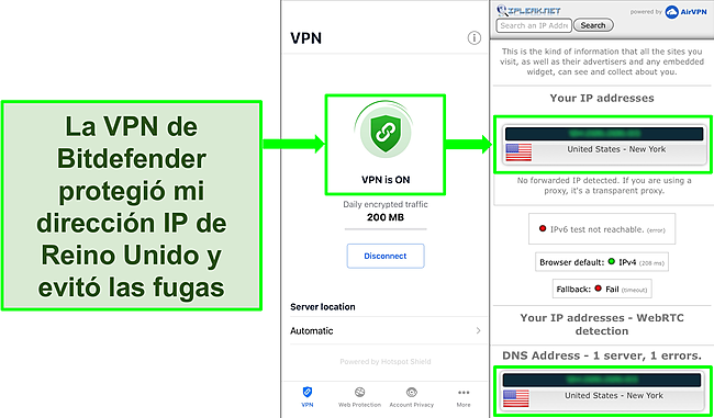 Captura de pantalla que muestra la funci&oacute;n VPN de iOS de Bitdefender y los resultados de una prueba de fugas de IP que no muestran fugas.