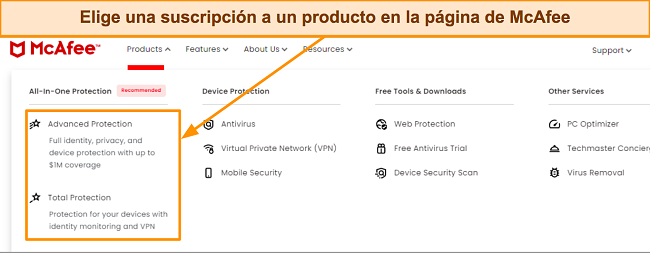 Captura de pantalla de los planes de suscripci&oacute;n premium de McAfee