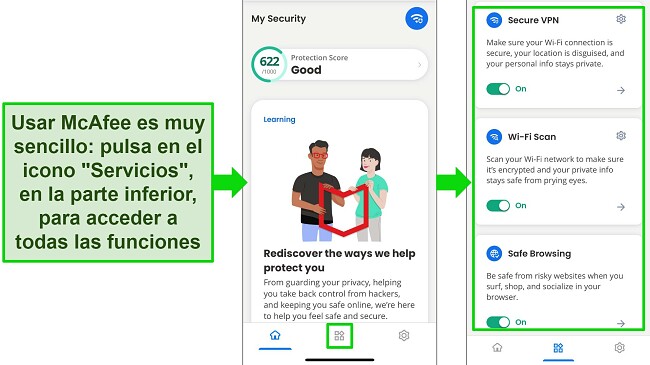 M&aacute;scara de la aplicaci&oacute;n McAfee para iOS, f&aacute;cil de navegar y de las mejores en seguridad.