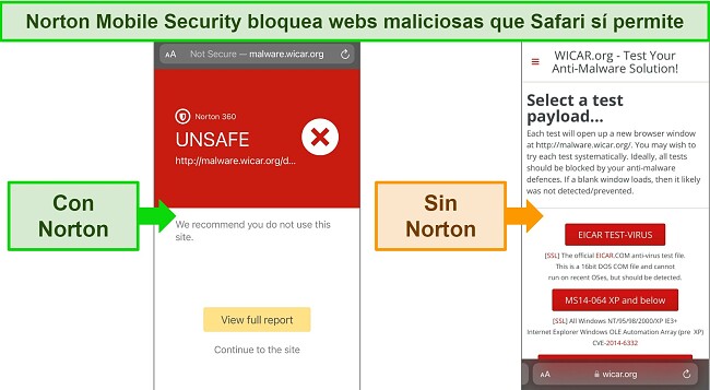 M&aacute;scara de Norton Web Protection bloqueando sitios maliciosos en Safari de iOS de alta calidad.