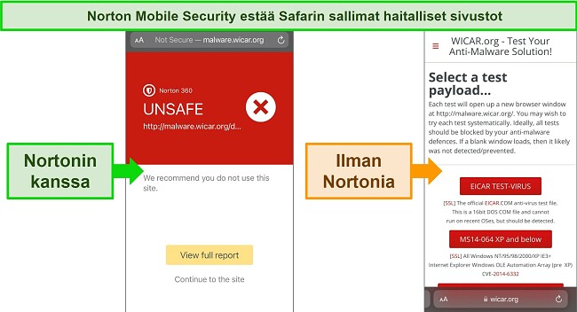 Paras AV:iOS Nortonin verkkosuojaus - est&auml;&auml; haitallisia sivustoja, Safari sallii p&auml;&auml;syn