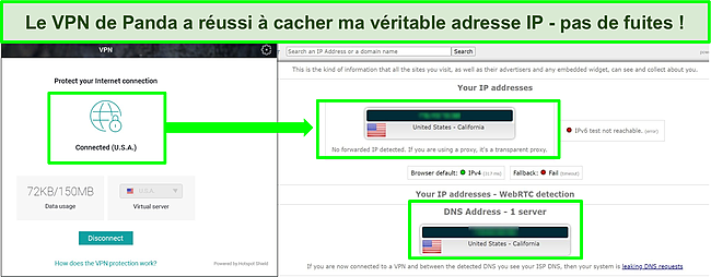 Capture d'&eacute;cran du VPN de Panda connect&eacute; &agrave; un serveur am&eacute;ricain avec les r&eacute;sultats d'un test de fuite IP ne montrant aucune fuite.
