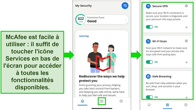 Capture d'&eacute;cran montrant l'application McAfee facile &agrave; naviguer sur iOS.