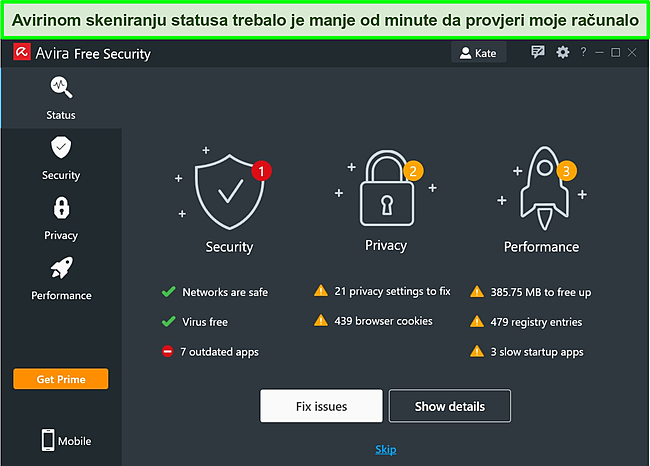 Snimka zaslona aplikacije Avira za Windows s prikazanim rezultatima skeniranja statusa.