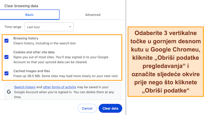 Snimka zaslona postavki "brisanja podataka o pregledavanju" u pregledniku Google Chrome