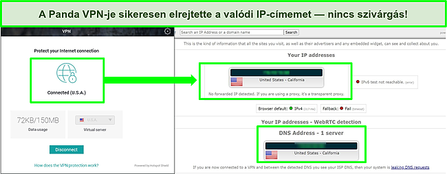 Pillanatk&eacute;p a Panda VPN -ről, amely egy amerikai szerverhez csatlakozik, &eacute;s az IP -sziv&aacute;rg&aacute;s teszt eredm&eacute;nyei nem mutatnak sziv&aacute;rg&aacute;st.