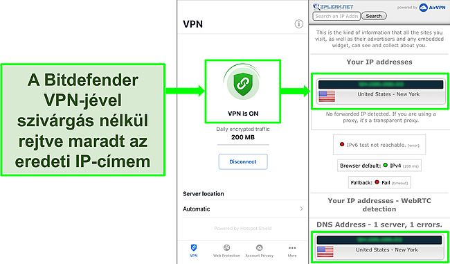 K&eacute;pernyők&eacute;p, amely a Bitdefender iOS VPN szolg&aacute;ltat&aacute;s&aacute;t &eacute;s az IP sziv&aacute;rg&aacute;s teszt eredm&eacute;nyeit mutatja, amelyek nem mutatnak sziv&aacute;rg&aacute;st.