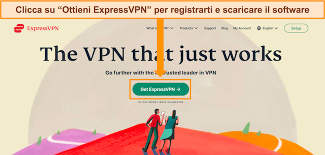 Screenshot della home page del sito web di ExpressVPN con il pulsante "Ottieni ExpressVPN" evidenziato.