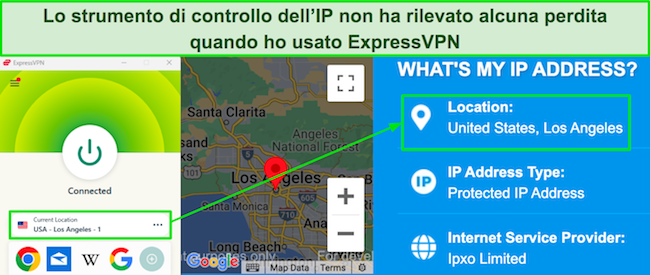 Screenshot dello strumento di ricerca IP che non mostra alcuna perdita quando ExpressVPN &egrave; connesso a un server a Los Angeles