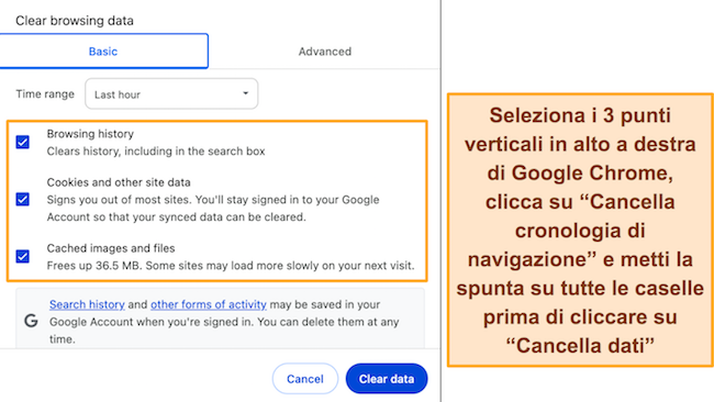 Screenshot delle impostazioni "Cancella dati di navigazione" su Google Chrome