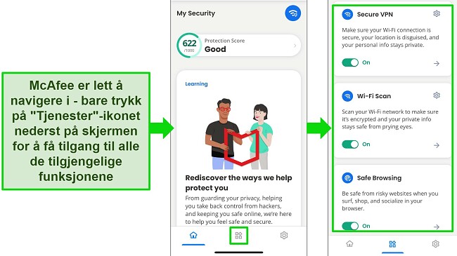 P&aring; dette bildet ser vi at McAfee-appen er enkel &aring; navigere i p&aring; iOS