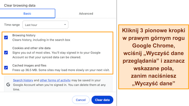 Zrzut ekranu przedstawiający ustawienia &bdquo;wyczyść dane przeglądania&rdquo; w przeglądarce Google Chrome