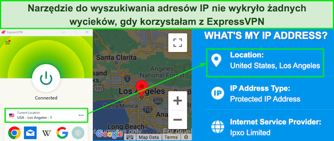 Zrzut ekranu narzędzia do wyszukiwania adres&oacute;w IP pokazujący brak wyciek&oacute;w, gdy ExpressVPN jest podłączony do serwera w Los Angeles