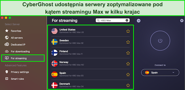 Zrzut ekranu serwer&oacute;w CyberGhost zoptymalizowanych pod kątem przesyłania strumieniowego dla Max