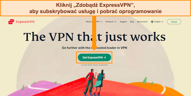 Zrzut ekranu przedstawiający stronę gł&oacute;wną witryny ExpressVPN z podświetlonym przyciskiem &bdquo;Pobierz ExpressVPN&rdquo;.