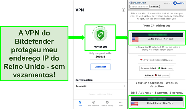 Captura de tela mostrando o recurso VPN iOS do Bitdefender e os resultados de um teste de vazamento de IP que n&atilde;o mostra vazamentos.