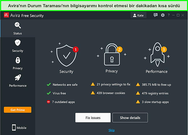 Avira'nın Windows uygulamasının, bir Durum Taraması sonu&ccedil;larının g&ouml;r&uuml;nt&uuml;lendiği ekran g&ouml;r&uuml;nt&uuml;s&uuml;.