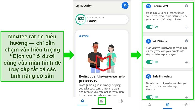 Ảnh chụp m&agrave;n h&igrave;nh của ứng dụng McAfee tr&ecirc;n hệ điều h&agrave;nh iOS, với giao diện th&acirc;n thiện v&agrave; dễ sử dụng