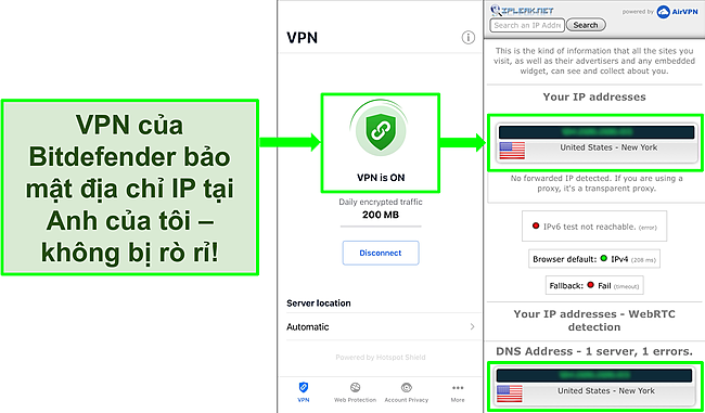 Ảnh chụp m&agrave;n h&igrave;nh cho thấy t&iacute;nh năng VPN iOS của Bitdefender v&agrave; kết quả kiểm tra r&ograve; rỉ IP cho thấy kh&ocirc;ng c&oacute; r&ograve; rỉ.