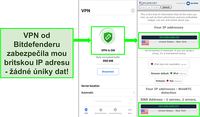 Snímek obrazovky ukazující funkci VPN VPN pro Bitdefender a výsledky testu těsnosti IP, který ukazuje, že nedochází k únikům.