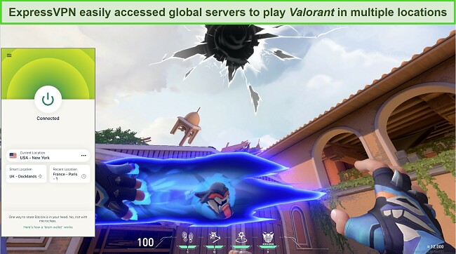 Screenshot of Valorant playing with ExpressVPN connected to a US server