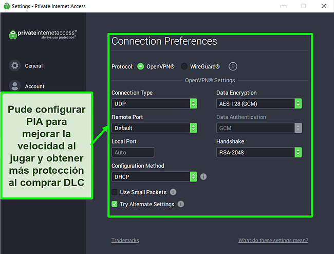 Captura de pantalla de la configuraci&oacute;n de PIA personalizable.